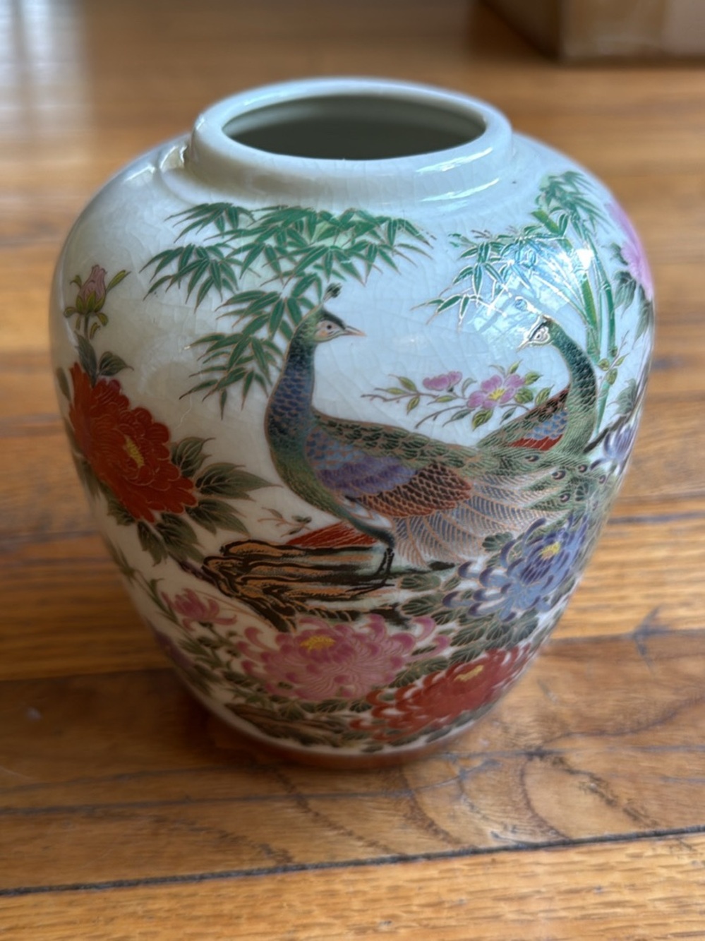 Hand-Painted Ceramic Peacock Floral Vase in Multicolor